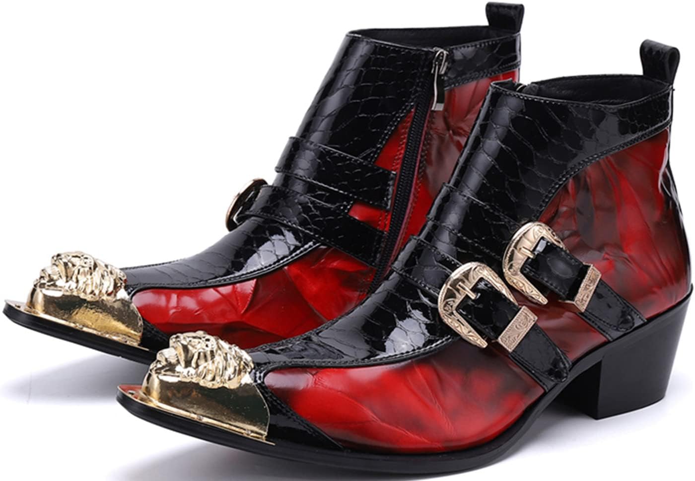 

Мужские ботинки Chelsea Santimon - настоящая кожа, западные ботинки до щиколотки с металлическим носком, молнией и пряжкой - двухцветные ботинки для торжеств и повседневной носки, для вечеринки, диско и выступлений, красный