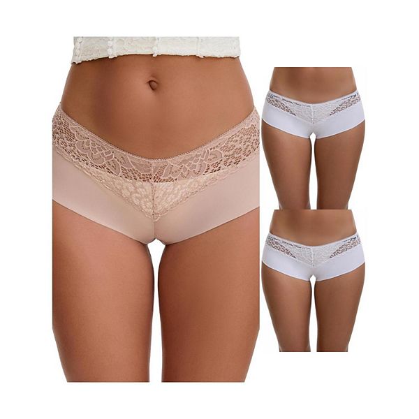 

3 пачки женских кружевных шортиков из ледяного шелка с вырезом, мид-райз Inspire Chic, White Beige