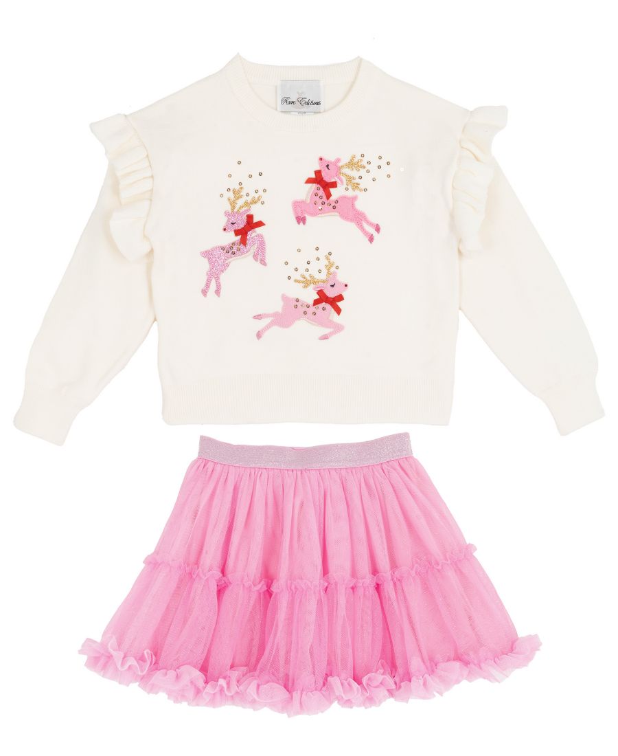 

Комплект из двух предметов для девочек (2T-6X): свитер с круглым вырезом и юбка-пачка с оборками Rare Editions, Ivory, Pink