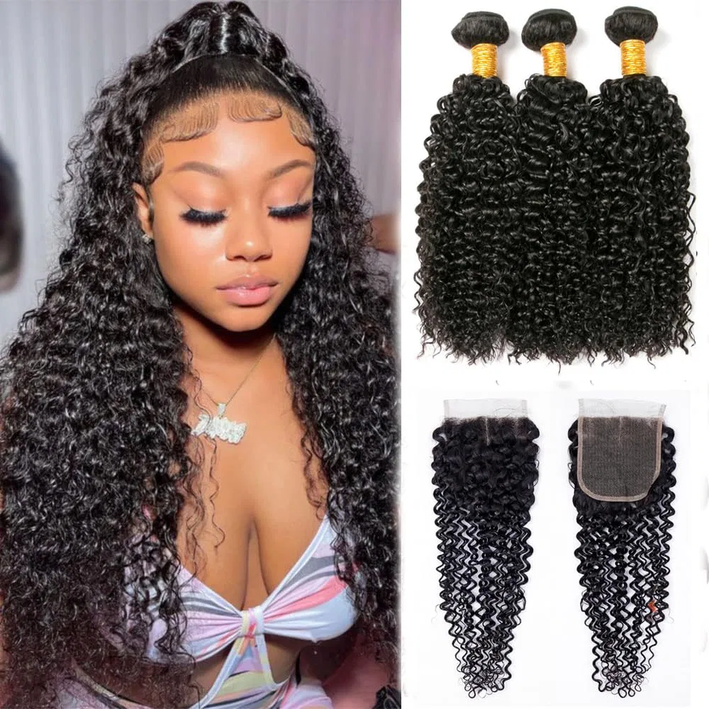 Натуральные волосы для наращивания «Curly Kinky Weave» с кружевной застежкой Lovfir, Natural Black