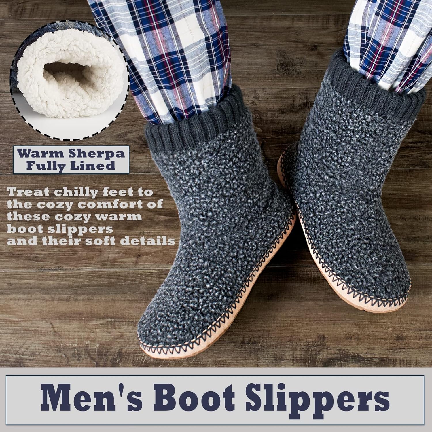 Мужские теплые домашние тапочки, толстые пушистые шерпа-флисовые зимние мокасины-носки с нескользящей подошвой, уютные мягкие комфортные домашние туфли с резиновыми вставками Cozylook, серый — фото 2