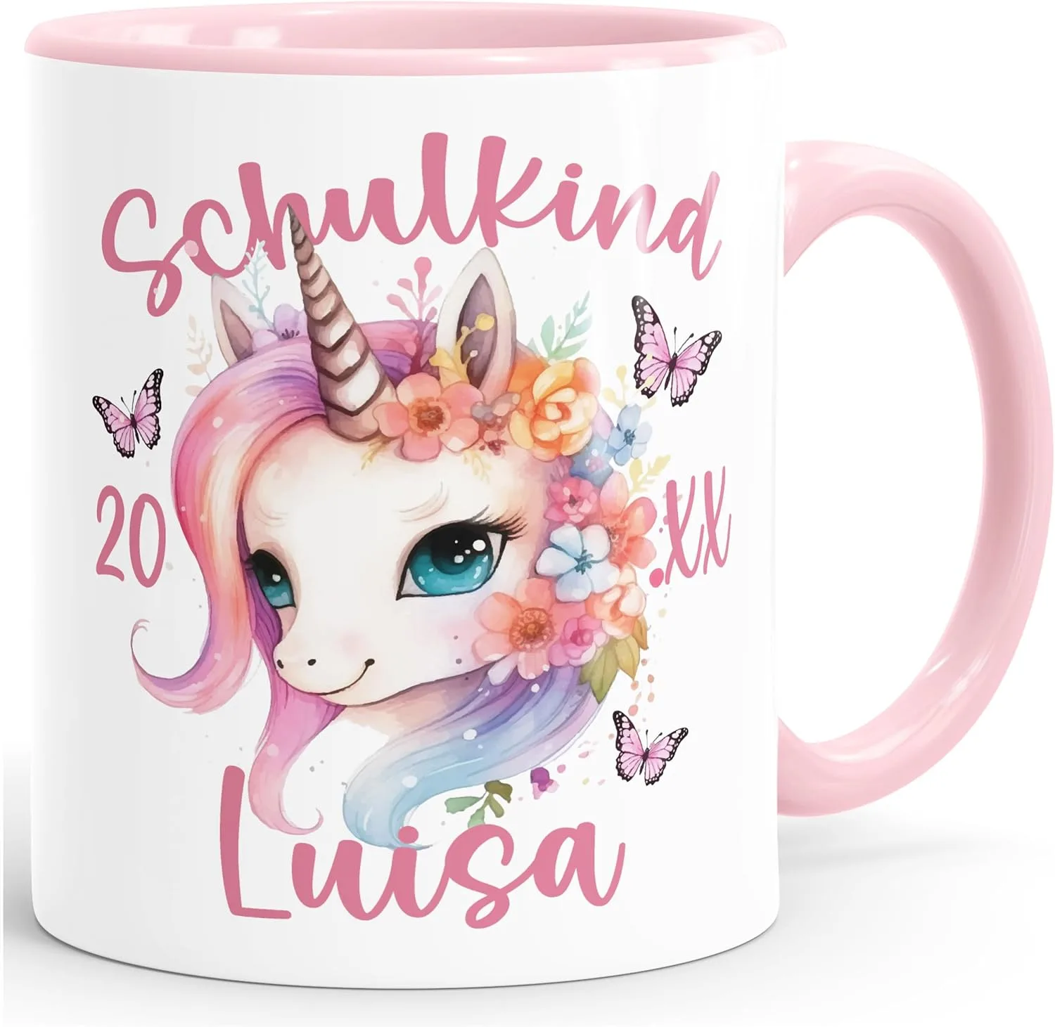 Кружка с именем для девочки "Первый день в школе 2025" Unicorn School, белая с розовым внутри SpecialMe