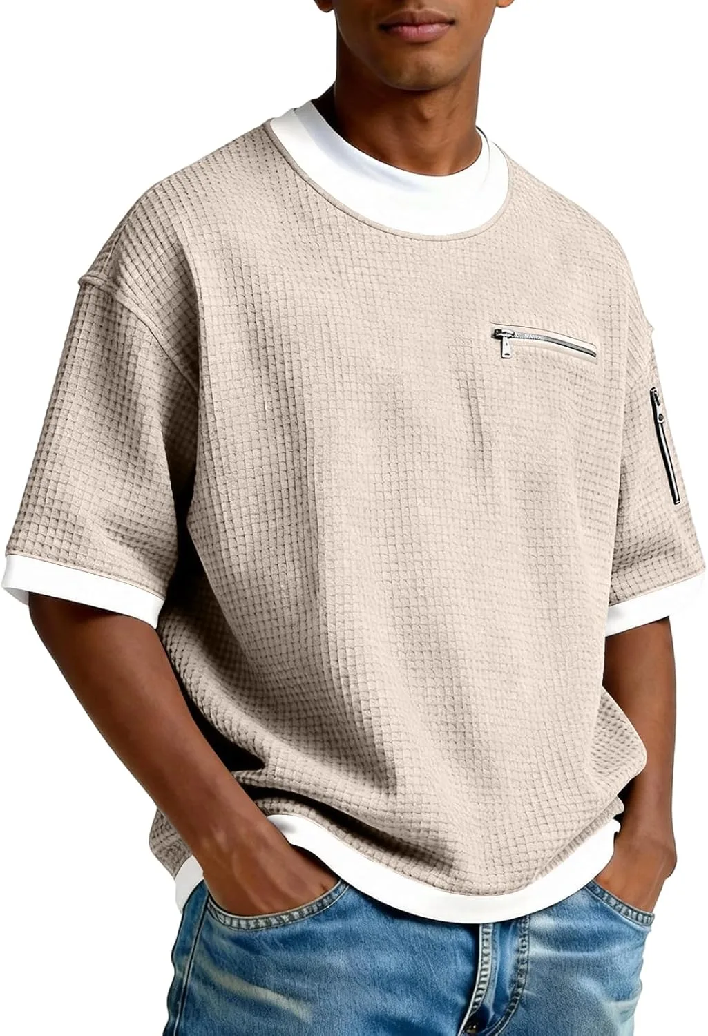 

Футболка для мужчин Waffle с коротким рукавом и карманом на молнии hayudier