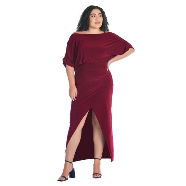 

Платье макси с бат-рукавом, разрезом и лодочкой для полных 24Seven Comfort Apparel, бургундия