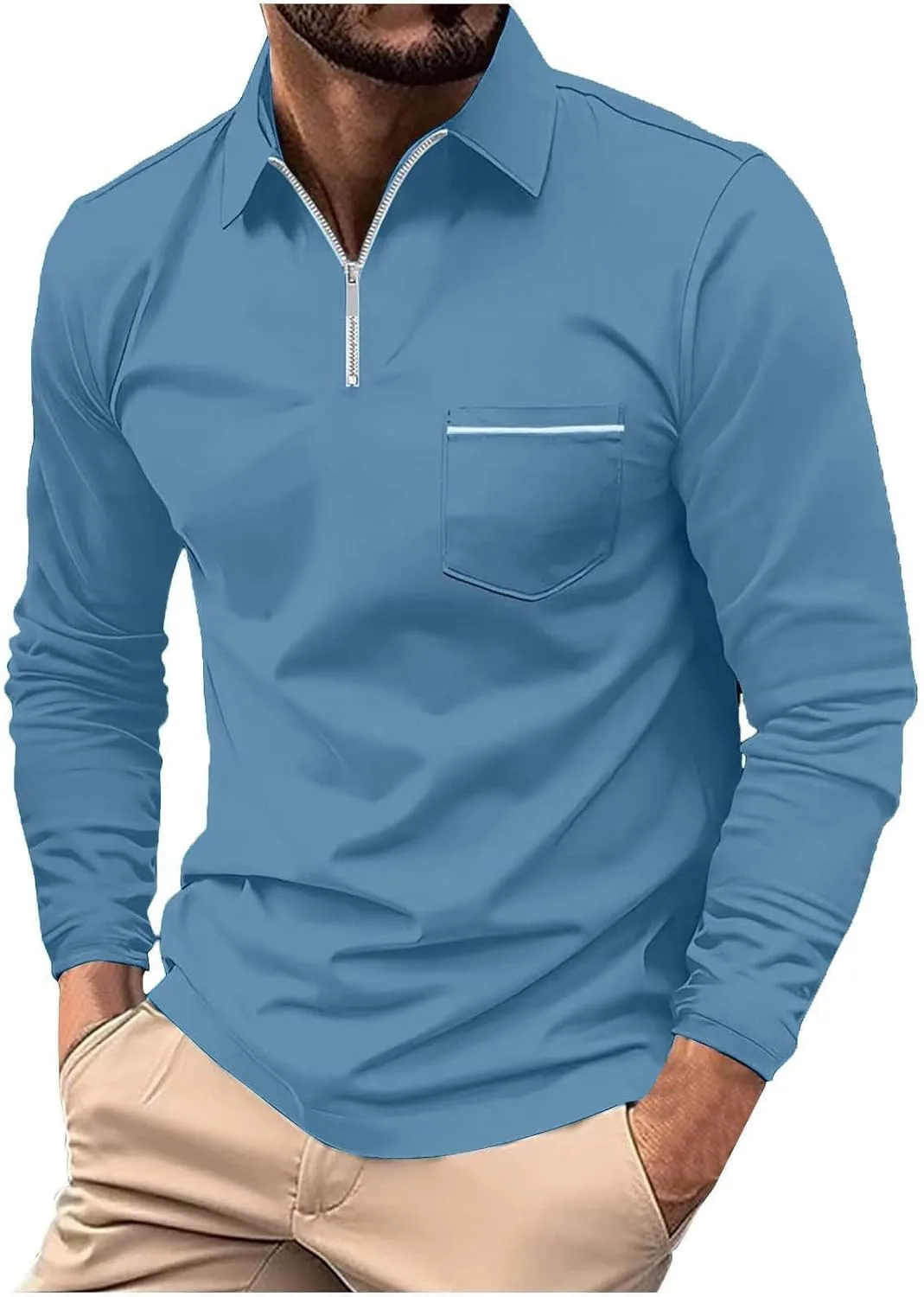 

Мужская рубашка-поло с длинным рукавом и воротником-стойкой, Regular Fit, с карманом