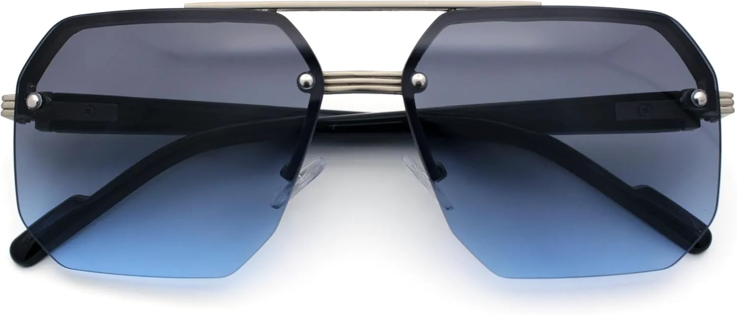 

SA106 Роскошные матовые солнцезащитные очки в стиле гангстера, без оправы, полуободковые, увеличенного прямоугольного размера, металлические, Silver - Purple Blue