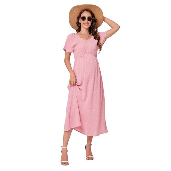 

Платье для беременных с рукавами-фонариками и завышенной талией в горошек Seoria, Pink