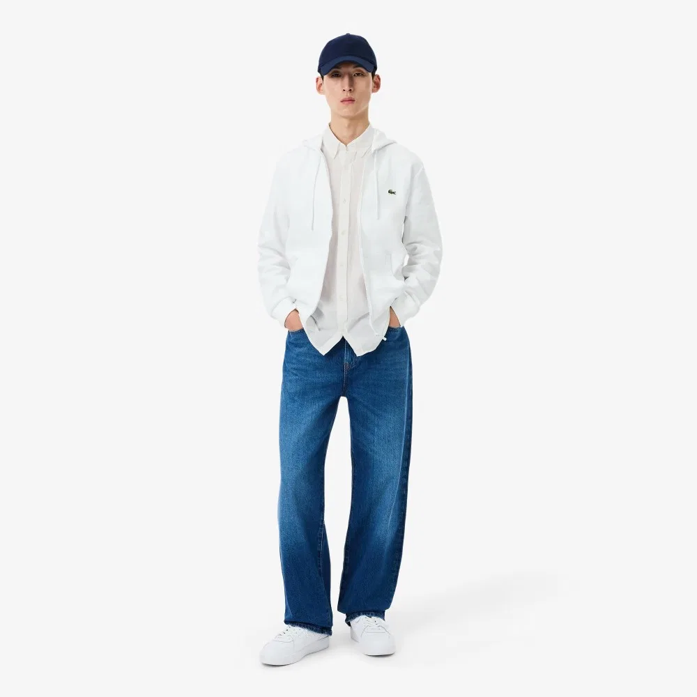 Мужская однотонная льняная рубашка с коротким рукавом белого цвета от Lacoste — фото 4