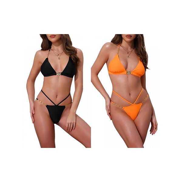 

2 комплекта женского бикини с сердечками и стразами, топ-галтер и треугольные трусики Inspire Chic, Black Orange, Черный, 2 комплекта женского бикини с сердечками и стразами, топ-галтер и треугольные трусики Inspire Chic, Black Orange