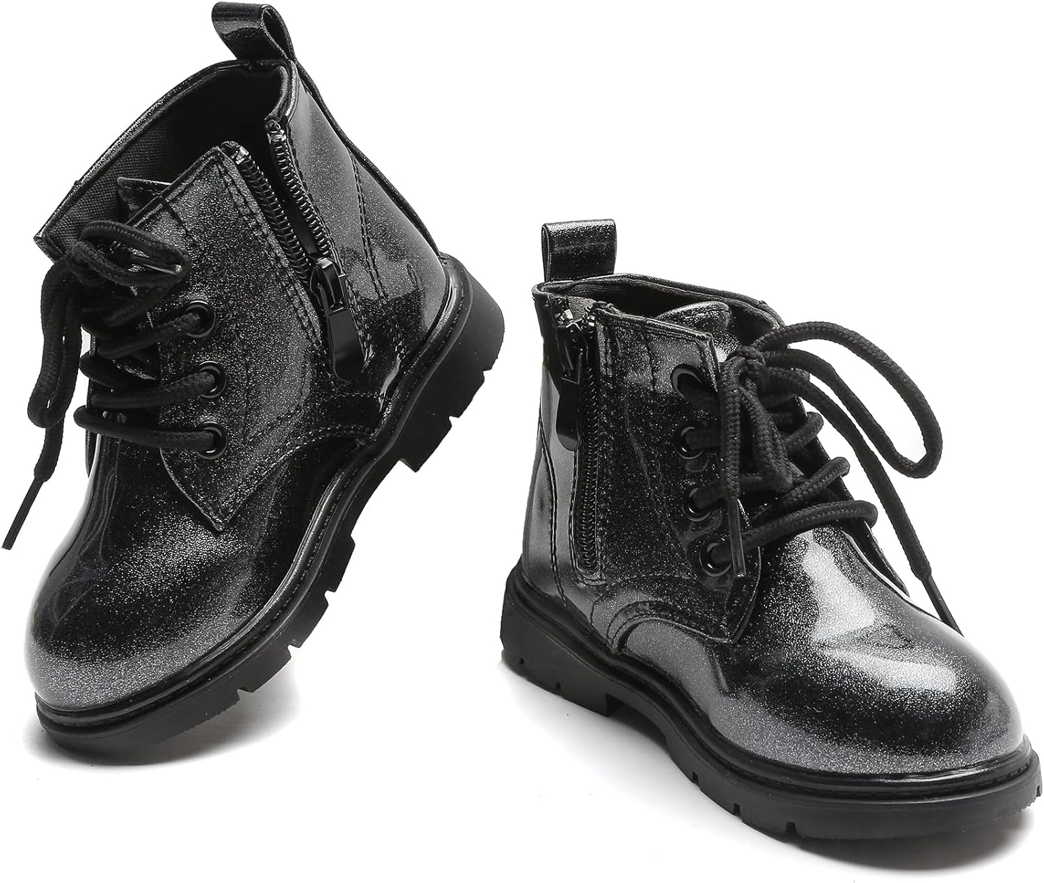 

Детские ботинки для мальчиков и девочек яркого цвета со шнуровкой, ботинки на щиколотку с боковой молнией Mybozz, Black Glitter-T629