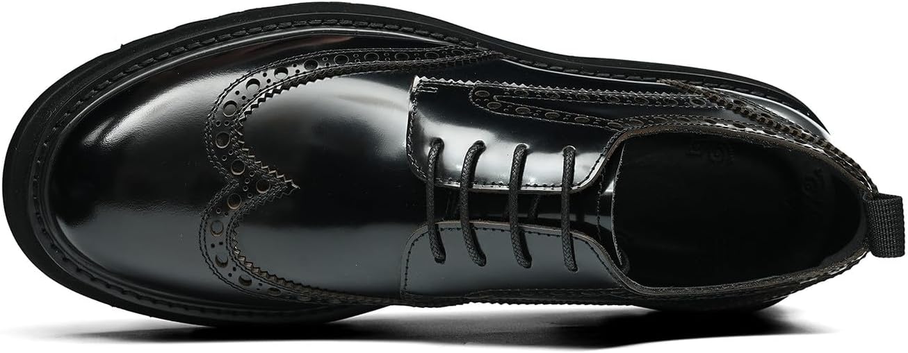 Мужские классические туфли Santimon Wingtip Brogue на шнуровке с грубой подошвой - блестящие дерби из натуральной кожи для повседневного ношения, деловых встреч, выпускного и свадьбы, черный — фото 3