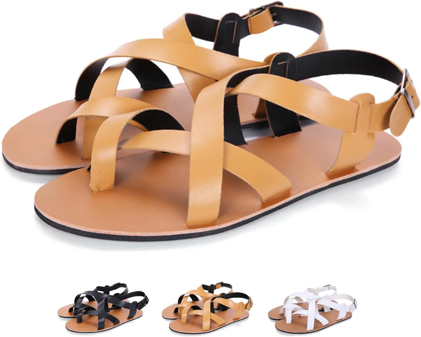 

Мужские кожаные сандалии-гладиаторы с ремешком и вырезами, регулируемый пряжкой, летние повседневные сандалии с перекрестными ремешками, низкие плоские римские сандалии для улицы и пляжа Zeberfi, желтый