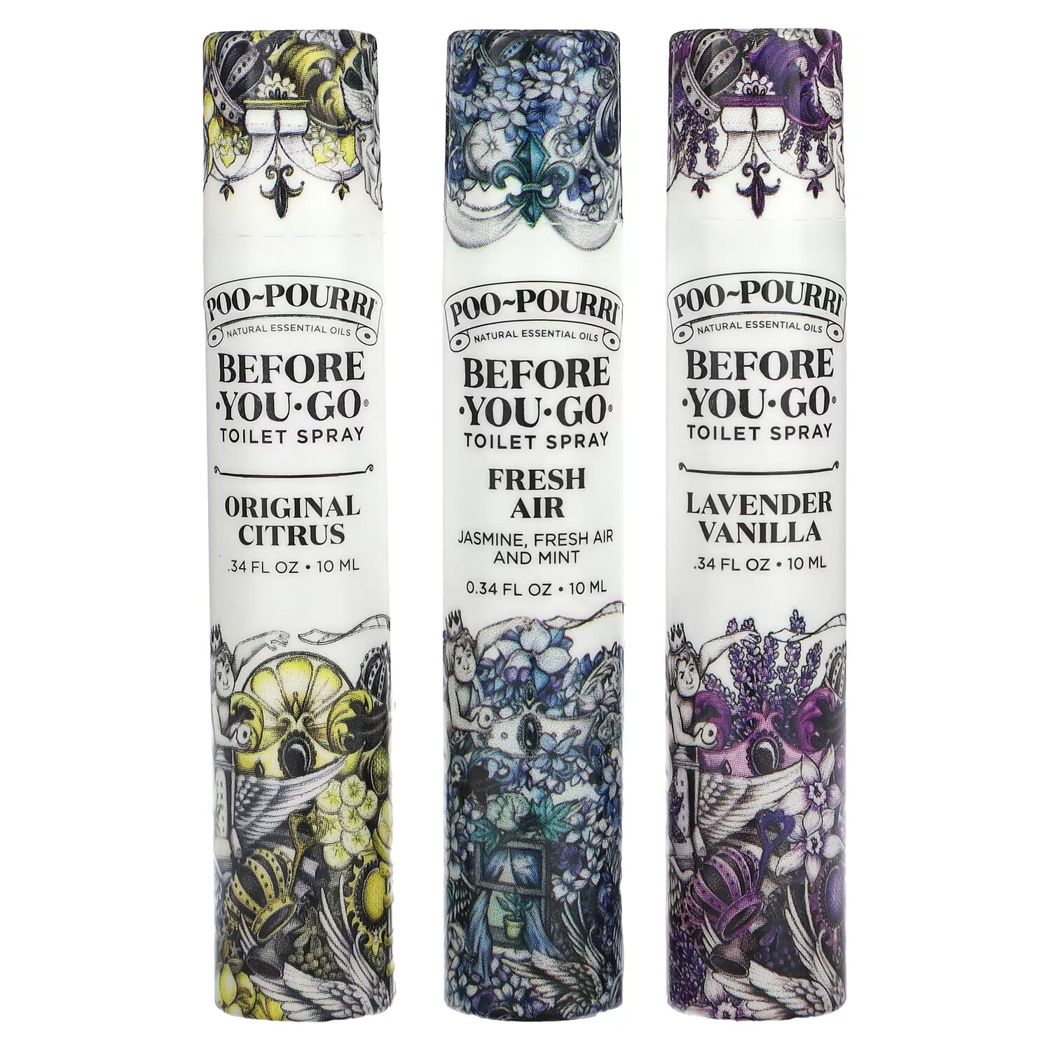 

Спреи для туалета Poo-Pourri On-The-Go перед походом. Набор из 3 спреев по 0,34 жидких унции (10 мл) каждый.