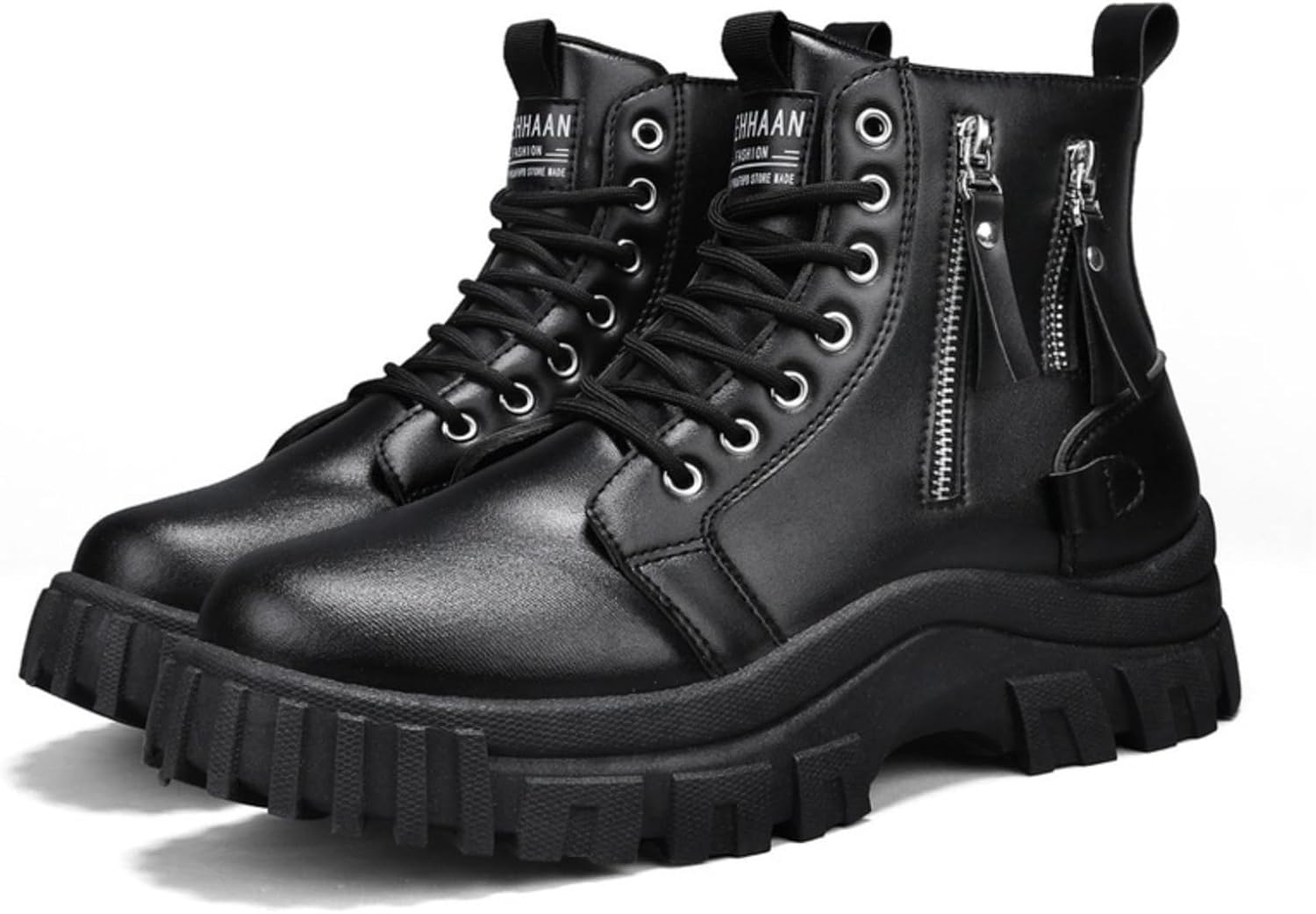 

Мужские ретро-ботинки Kelibasi с высокой шнуровкой и боковой молнией, черная кожа, противоскользящая прочная подошва, для повседневного ношения и стиля байкера на улице