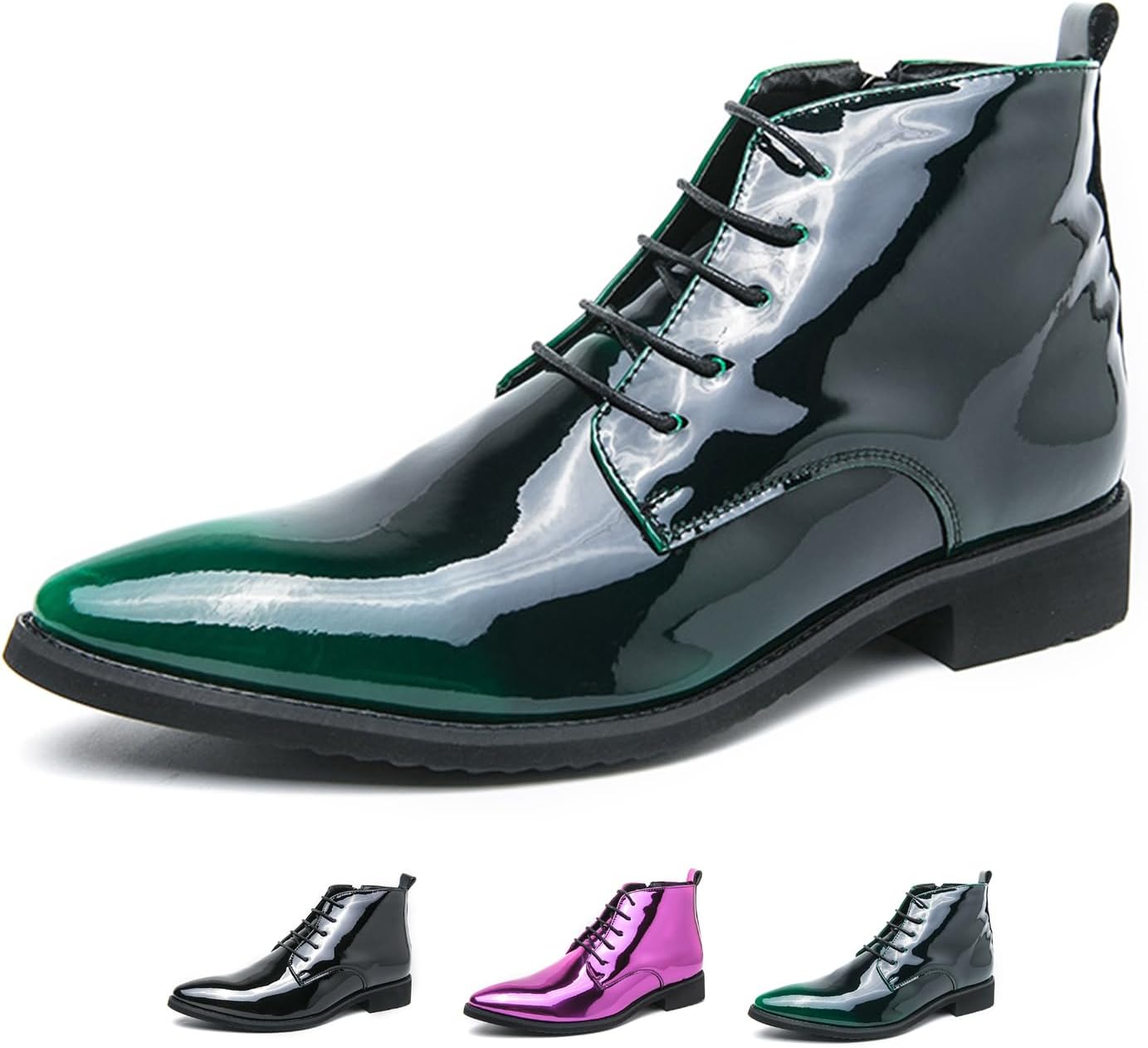 

Мужские туфли-оксфорды из лакированной кожи, ботинки с острым носком, шнуровкой и боковой молнией, блестящие ботильоны, классические роскошные высокие деловые формальные дерби Zeberfi, зеленый