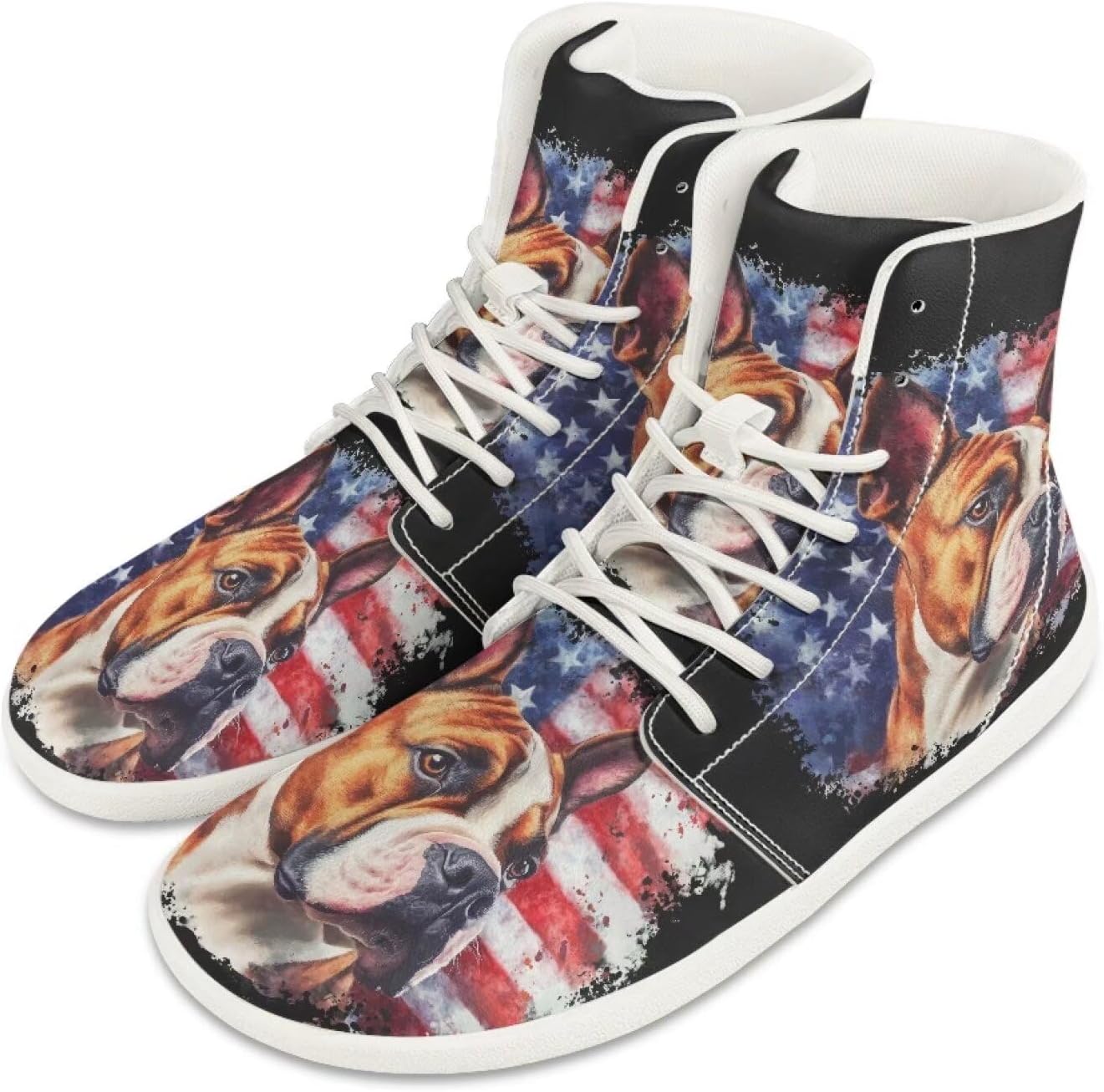 

Мужские босоножки из искусственной кожи PU Высокие ботинки с широкой носовой частью Модные кроссовки Удобные повседневные туристические туфли С шнуровкой Для улицы Размер США 5-14 Quxjehoe, American Flag Dog