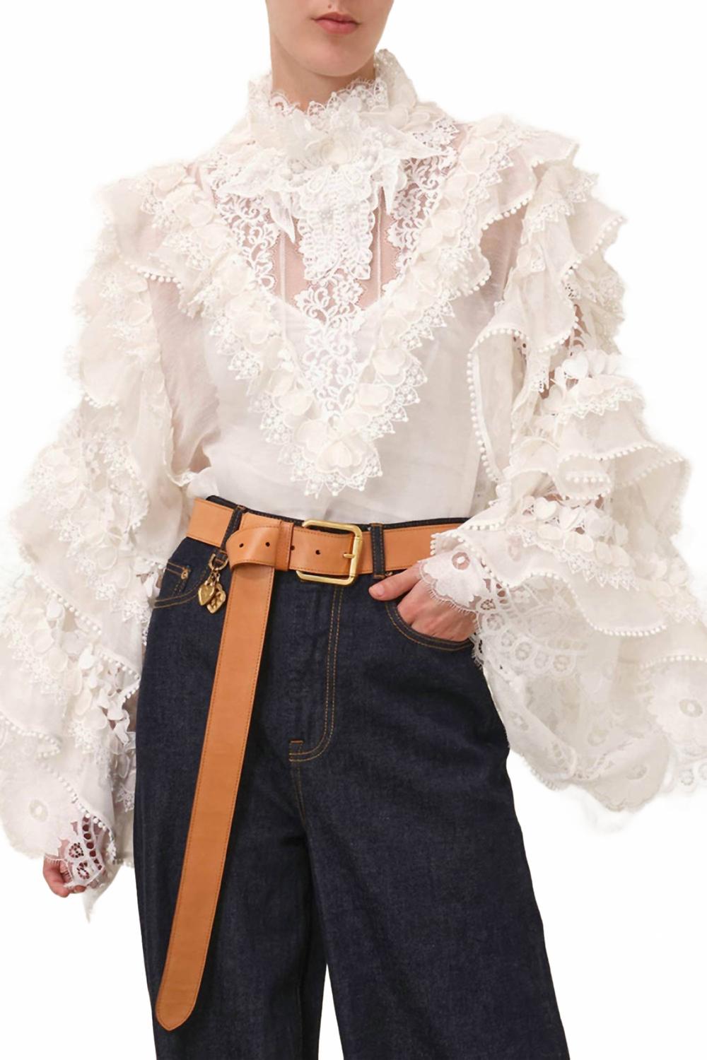 

Блузка Crush Heart с кружевной отделкой в цвете айвори Zimmermann, слоновая кость