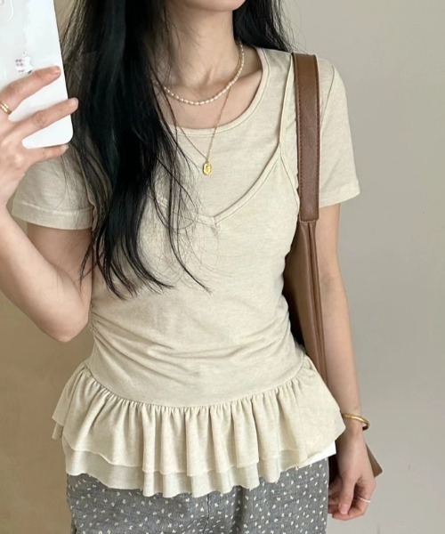 

Топ с короткими рукавами и имитацией многослойного расклешенного подола DIAVEL, светло-бежевый