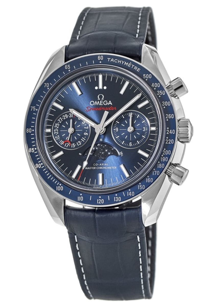 

Мужские часы Omega Speedmaster Moonphase Co-Axial Master Chronometer Chronograph с синим циферблатом и кожаным ремешком 304.33.44.52.03.001