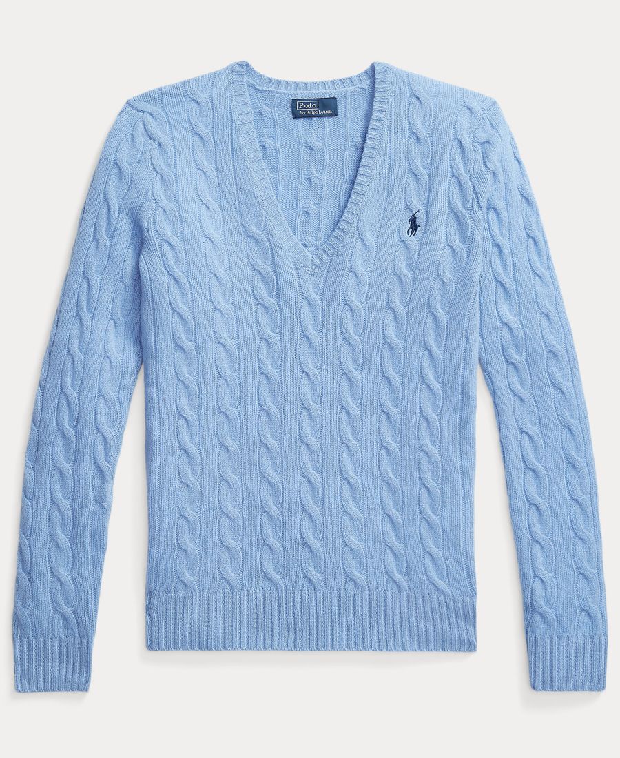 Женский свитер с V-образным вырезом из шерсти и кашемира с косами Polo Ralph Lauren, New Litchfield Blue — фото 3
