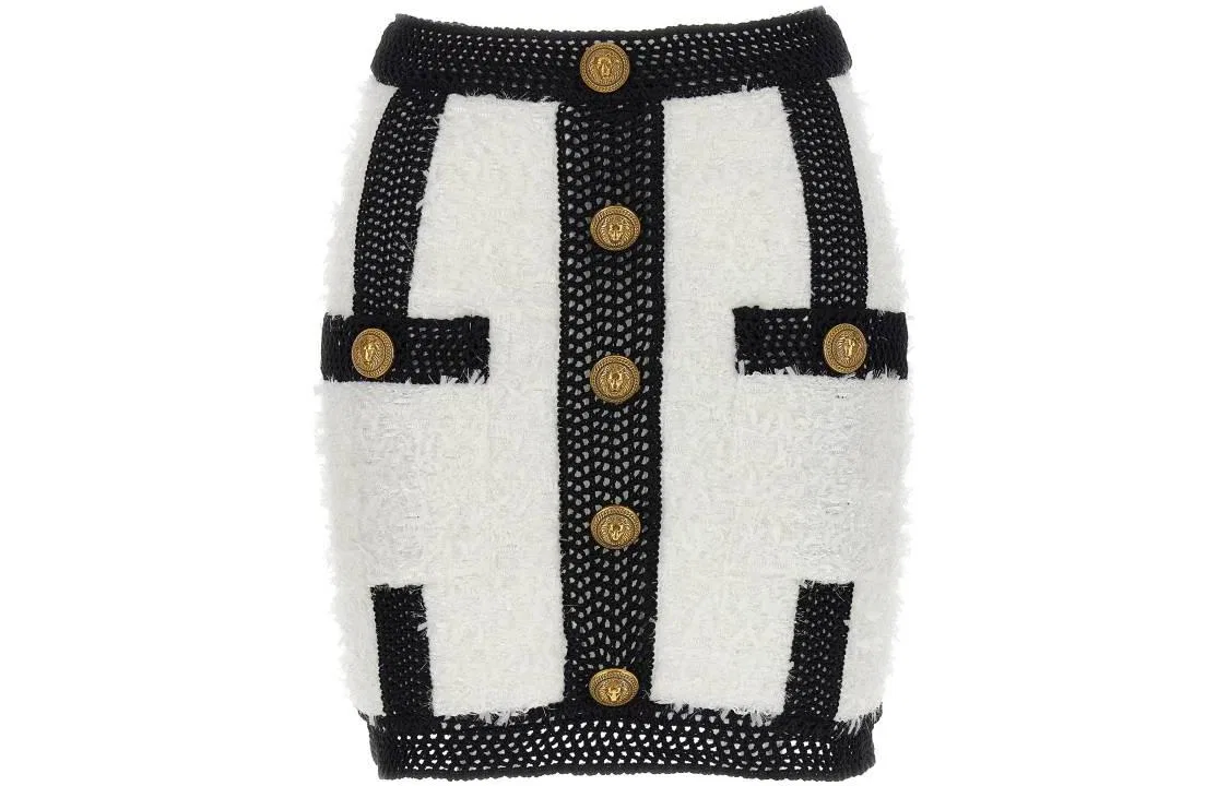 Мини-юбка твидовая с пуговицами BALMAIN Black White