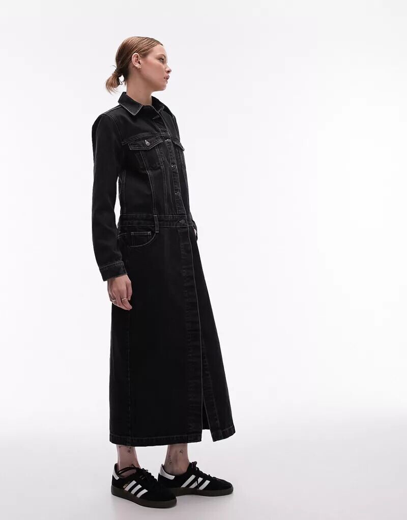 

Черное джинсовое платье с планкой на полупуговицах Topshop