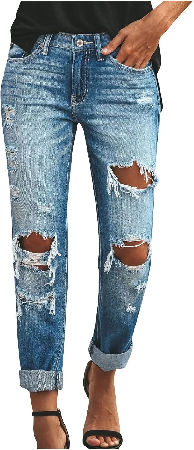 

Женские рваные скинни джинсы Mid Rise Stretch JOAU