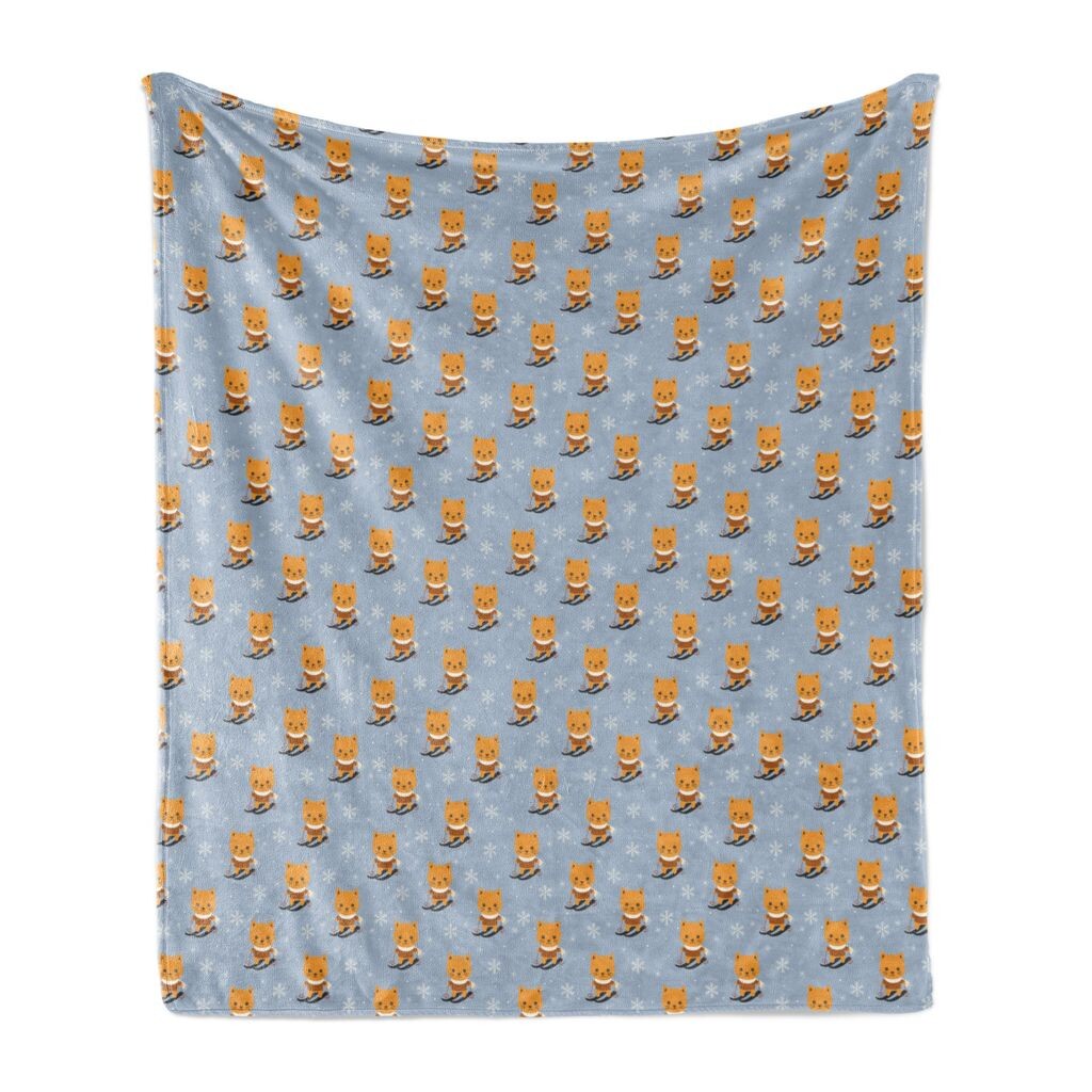 

Мягкое фланелевое флисовое одеяло ABAKUHAUS Ski Pattern, детская забавная карикатура на катающегося на лыжах котика и зимнюю снежинку, 175 x 230 см, серо-голубой, абрикосово-серый, синий