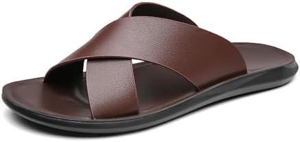 

Мужские кожаные шлепанцы с легкой подошвой, удобные, с открытым носком, противоскользящие, плоские, летние повседневные тапочки для дома, прогулок и пляжа Loveheynew, коричневый