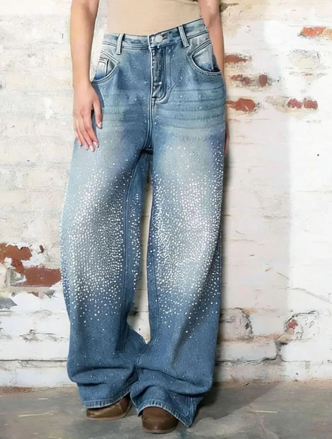 Джинсы Rhinestone, Baggy, High Waisted, Wide Leg, Blue — фото 4