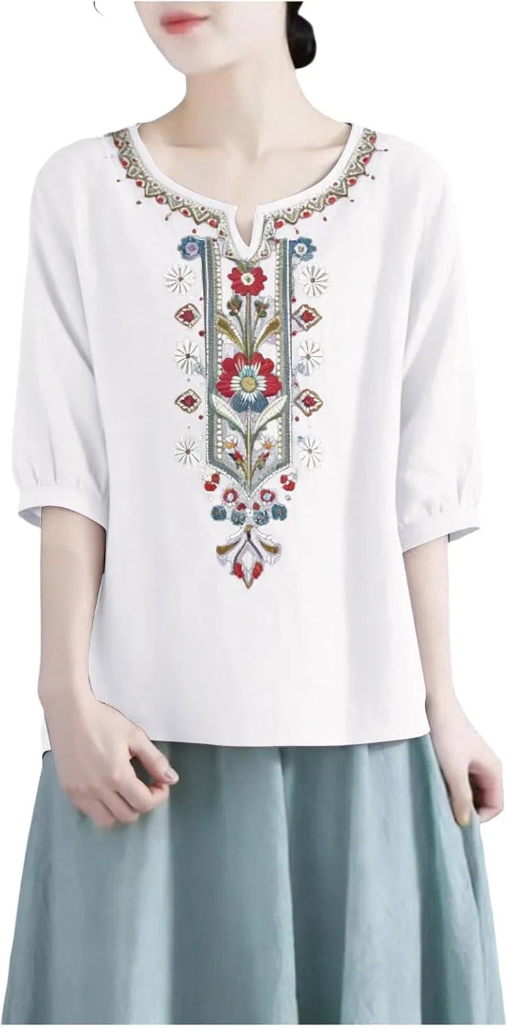 Блуза женская из хлопка и льна, T-Shirt, белый