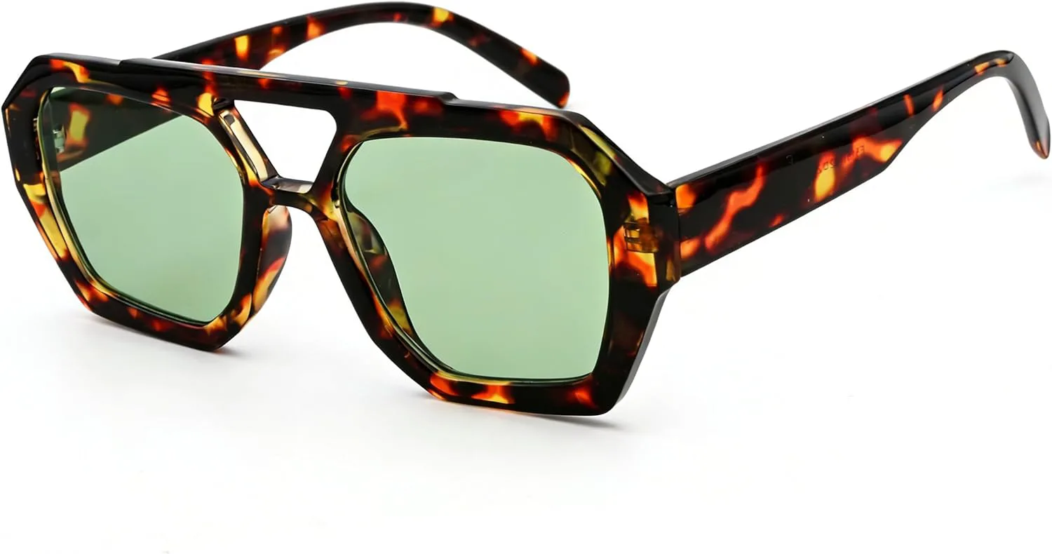 

Модные шестиугольные солнцезащитные очки-авиаторы для женщин в стиле 70-х годов, толстая квадратная оправа, двойная перемычка Teumire, A06 Tortoise Frame/G 15 Lens