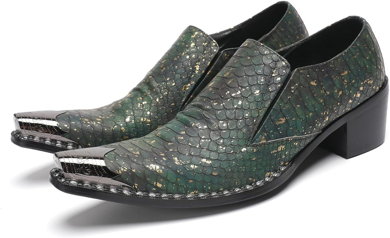 

Мужские повседневные туфли из экзотической кожи змеи, слипоны-лоферы - стильный металлический носок, удобный устойчивый каблук, идеально подходят для свадьбы, вечеринки, бального танца, бара и полуформальных мероприятий Santimon, зеленый