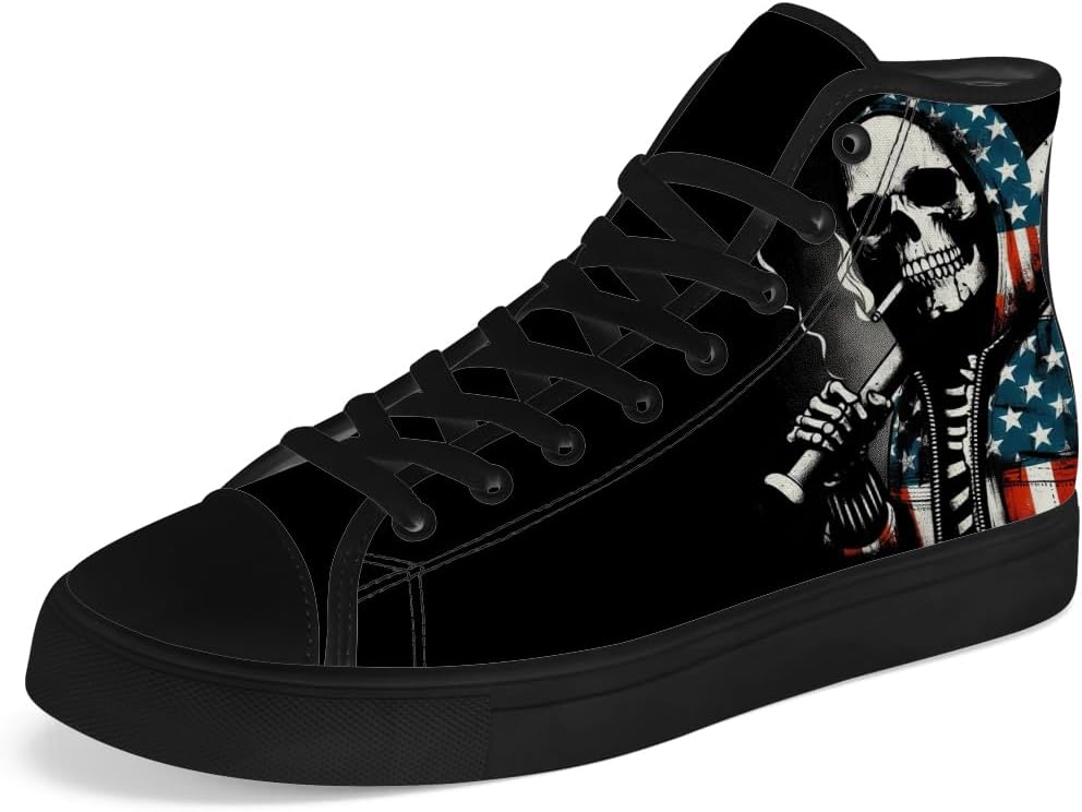 

Кеды Chebing Skull с высоким верхом для мужчин и женщин, с американским флагом, высокие холщовые туфли на шнуровке, повседневная обувь, подарок для папы и мамы, черный