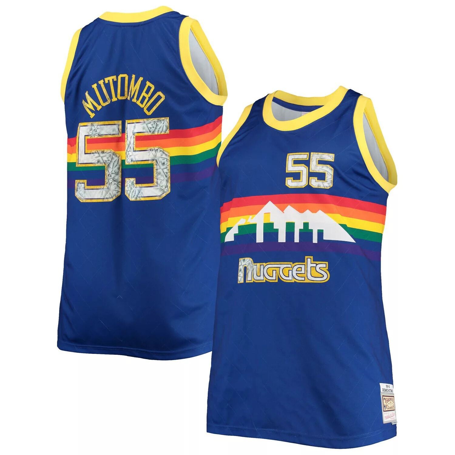 

Мужская майка НБА Mitchell & Ness Dikembe Mutombo Blue Denver Nuggets Big & Tall 1991-92 годов с бриллиантами и 75-летием НБА