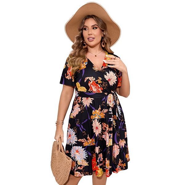 

Женское платье плюс сайз с v-образным вырезом и поясом Kojooin, Black Big Flower