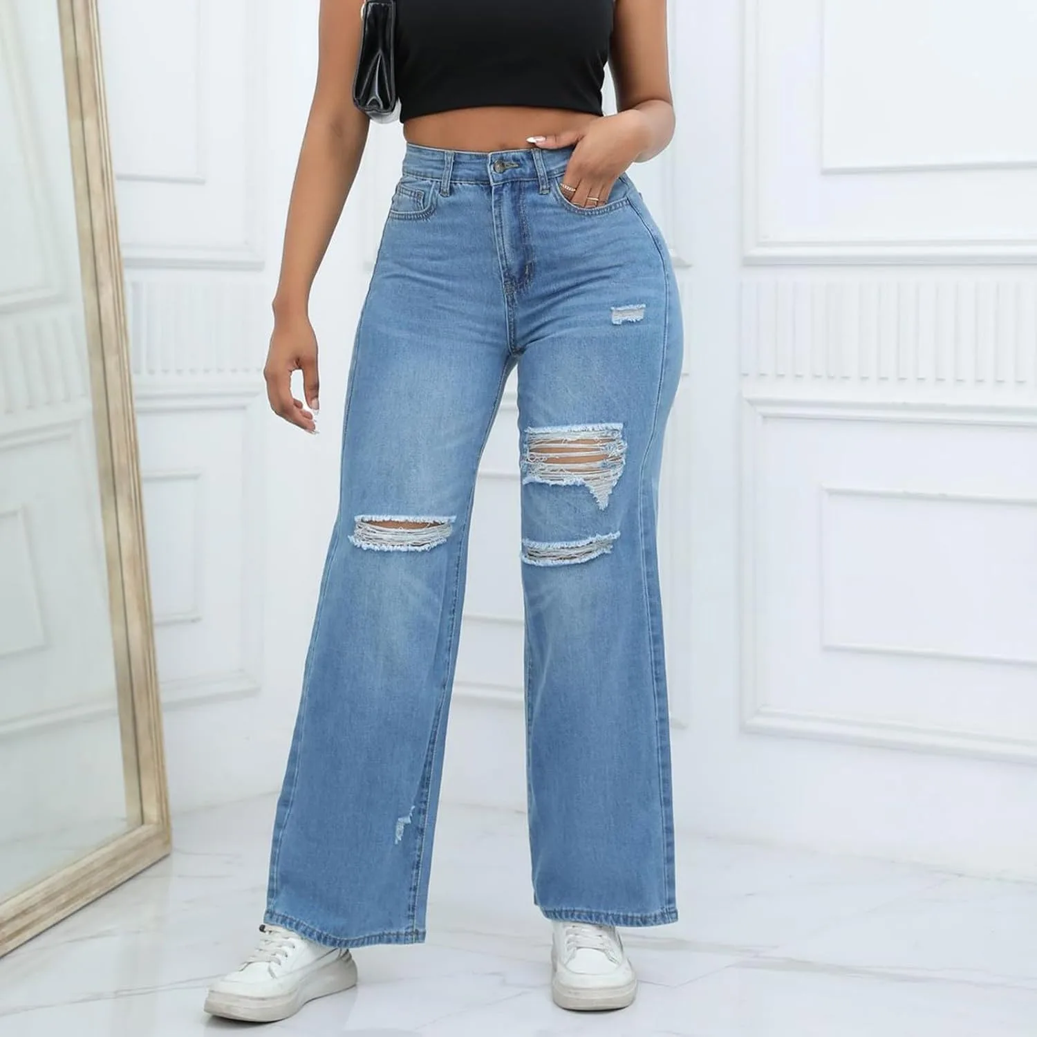 Рваные широкие джинсы для женщин High Waisted с эффектом подтяжки — фото 2