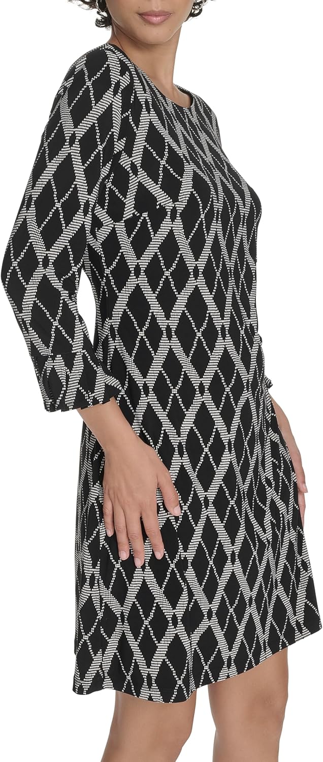Женское платье-трапеция Tommy Hilfiger из джерси с принтом ромбов и рукавами 3/4, Black/Ivory — фото 3