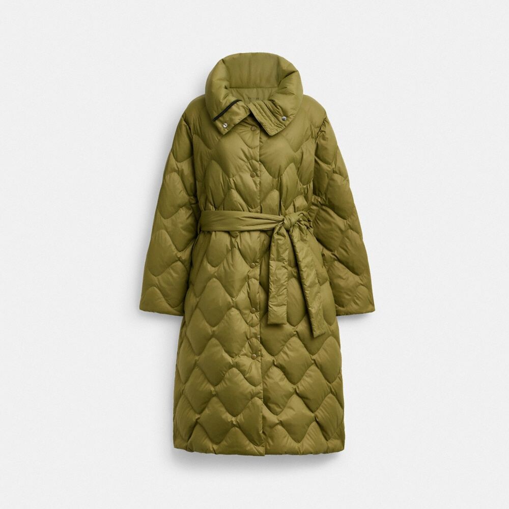 

Стеганый длинный пуховик COACH, оливковый