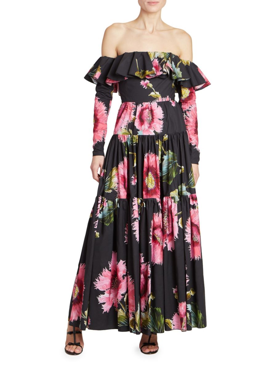 

Платье из хлопка с цветочным принтом и открытыми плечами Giambattista Valli, цвет Black Rose