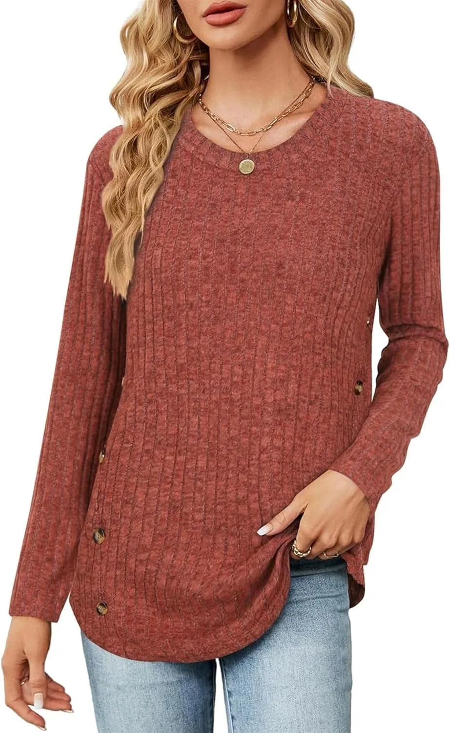Блуза трикотажная с декоративными пуговицами, Long Sleeve Shirt For Women, Caramel Orange