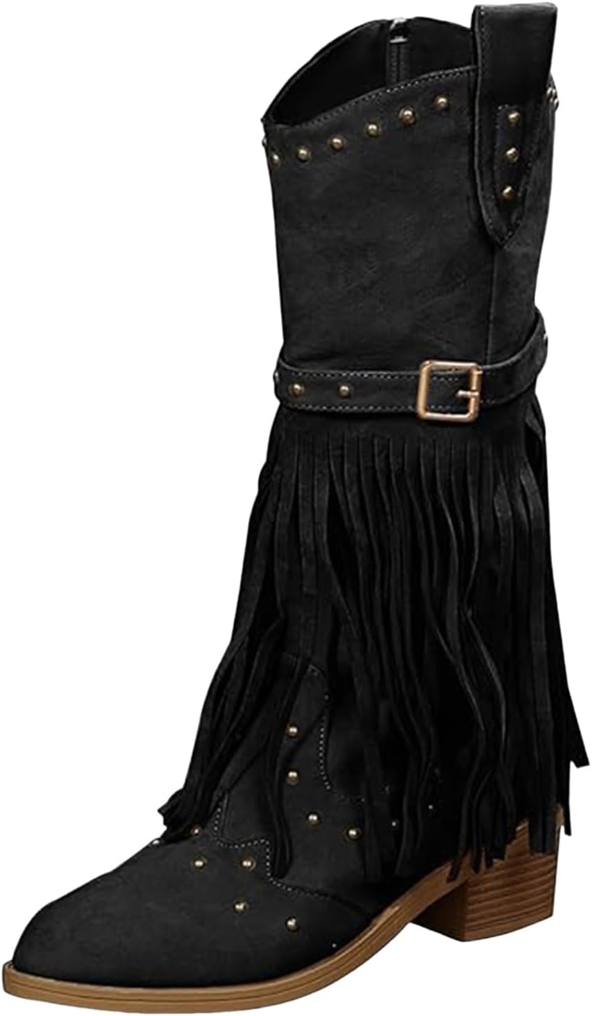 

Женские ковбойские сапоги Fringe с широким голенищем, западные ковбойские сапоги с кисточками, заостренным носком, без застежки, в ретро-стиле, классические сапоги средней длины для верховой езды с массивным каблуком, для свадеб и вечеринок Toum...