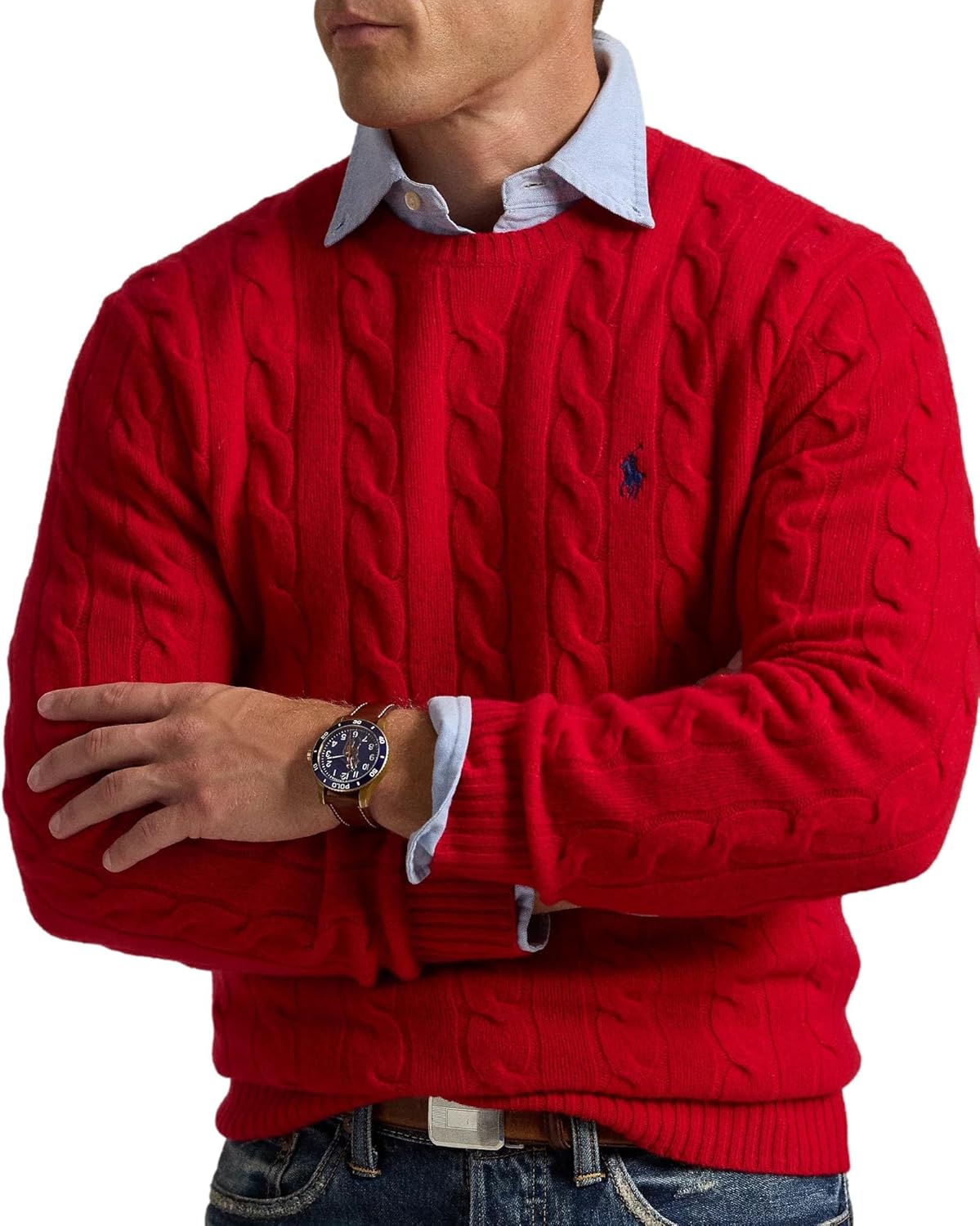 Polo Ralph Lauren мужской свитер из хлопка с косой вязкой, Ralph Lauren Red Base — фото 4