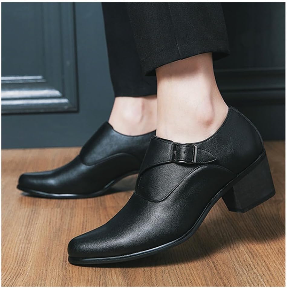 Мужские туфли Monk Strap Классические Ретро Формальные Деловые Лоферы Легкие Кожаные Слипоны Комфортные С Высоким Каблуком Однотонные Заостренные Носки С Пряжкой Для Офиса Оксфорды Повседневные Элегантные Свадебные Обувь Geerta, черный — фото 4