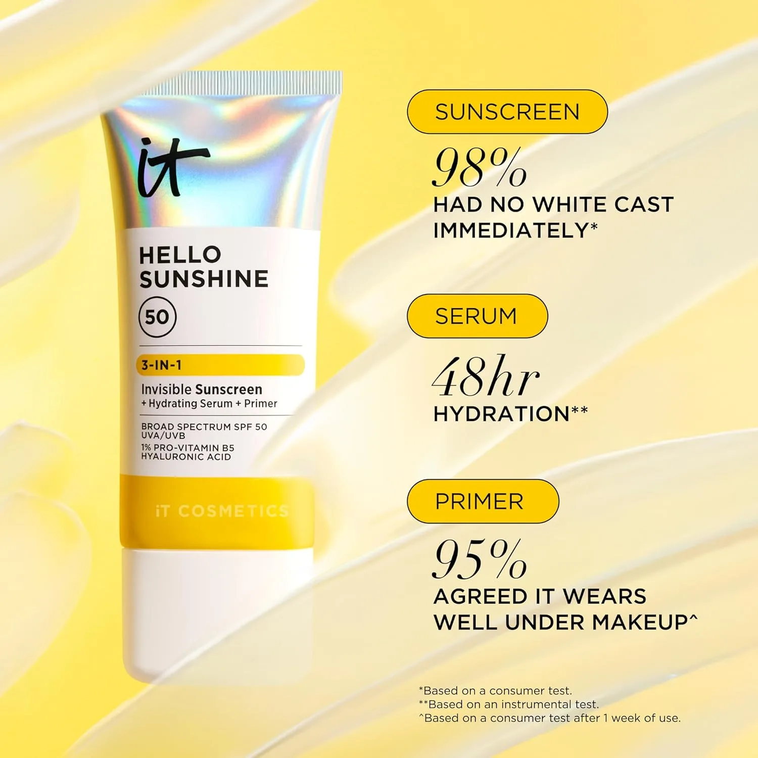 IT Cosmetics Hello Sunshine невидимый солнцезащитный крем для лица SPF 50 - увлажняющая сыворотка и праймер для макияжа с 1% провитамина B5 и гиалуроновой кислотой, подходит для HSA/FSA 14,8 мл — фото 3