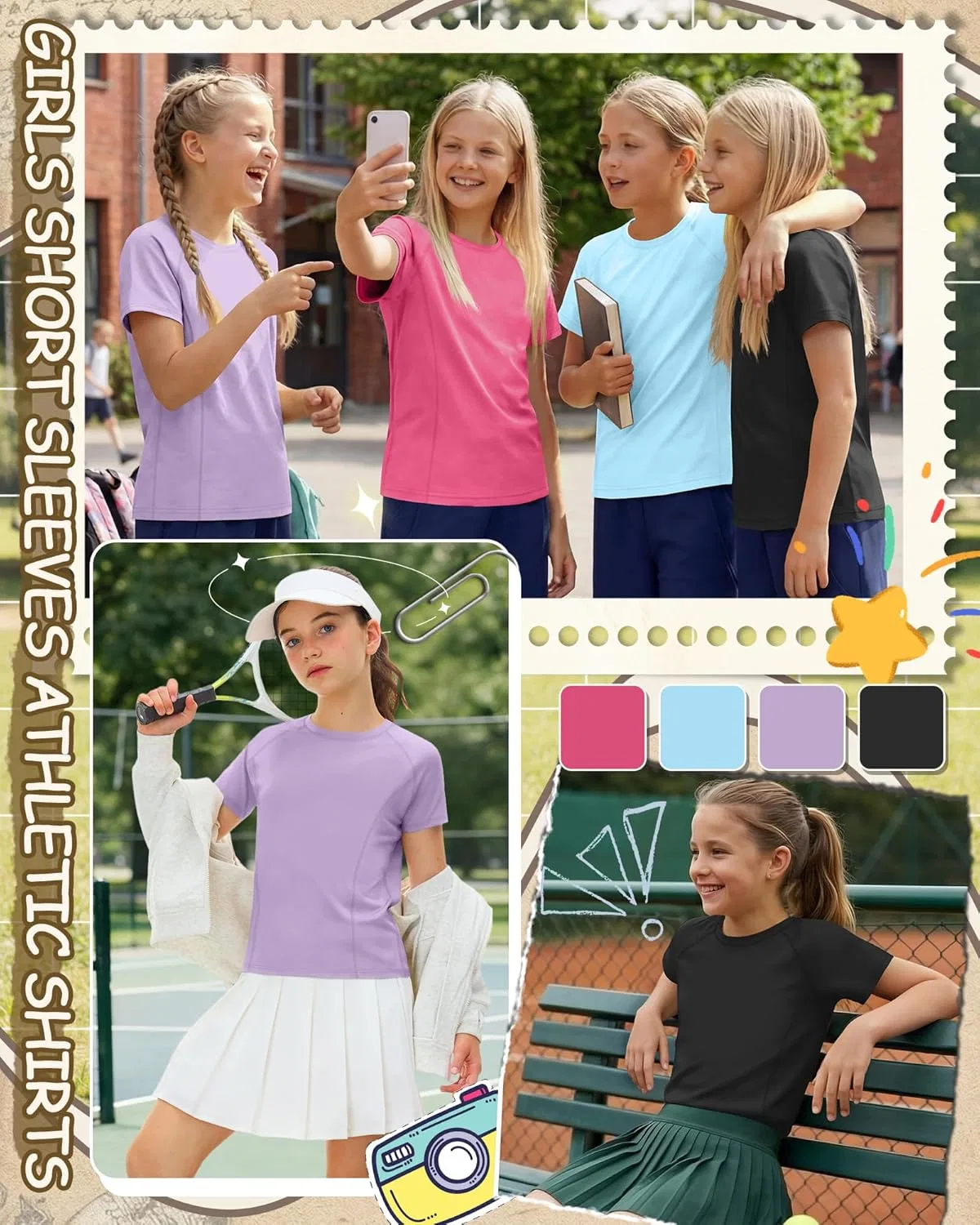 Комплект детских футболок для активного отдыха 4 шт, LessonZoo, Rose Red, Light Blue, Taro Purple, Black, размеры 5-14 лет — фото 4