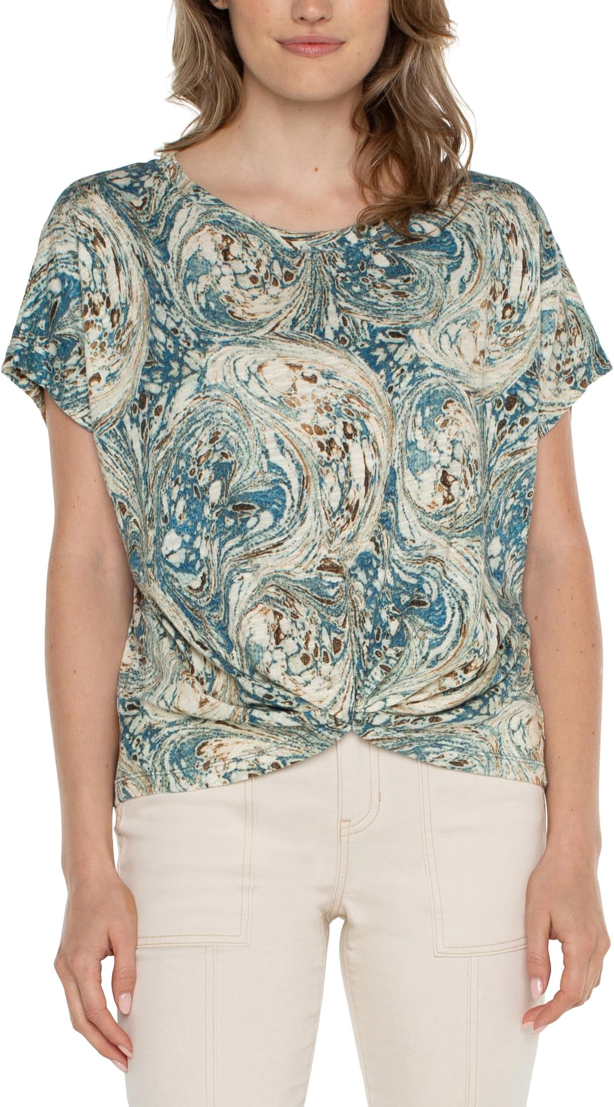 

Женский миниатюрный свитер Долман с круглым вырезом и перекрученной деталью спереди Liverpool Los Angeles, Ocean Blue Ecru Marble