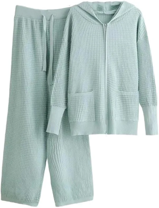 

Женский вязаный 2-х предметный сет с капюшоном, молнией и кардиганом, брюки с высокой талией