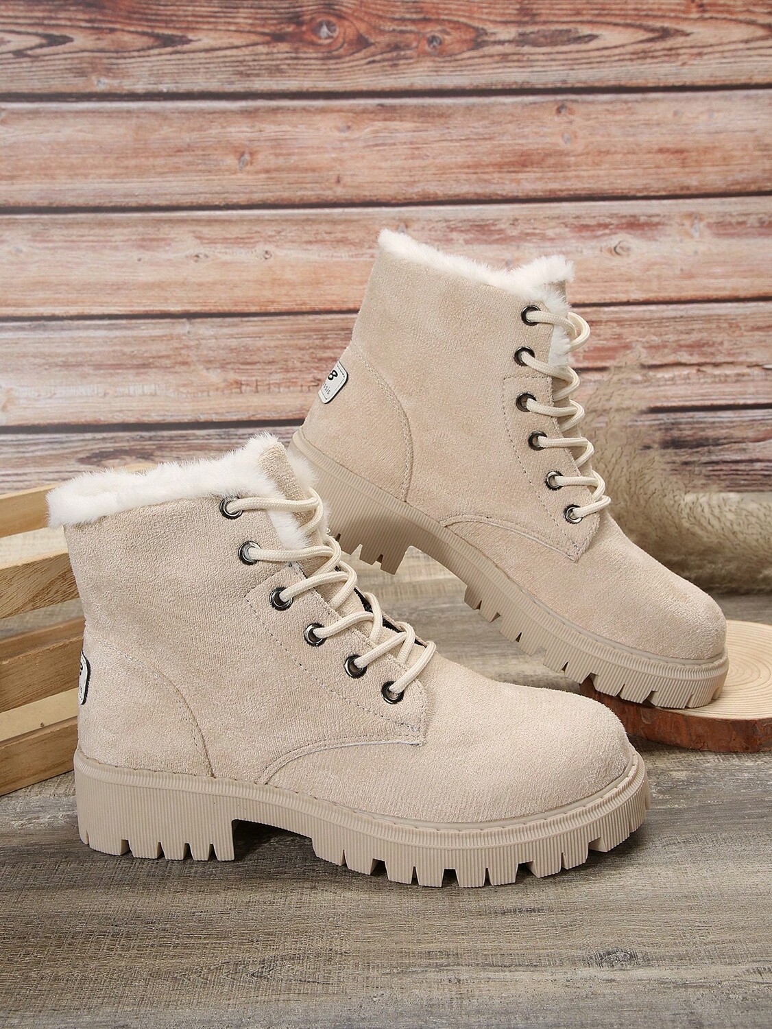 

Женские зимние ботинки больших размеров, модные, теплые и удобные, мотоциклетные на шнуровке бежевого цвета, кремовый/бежевый