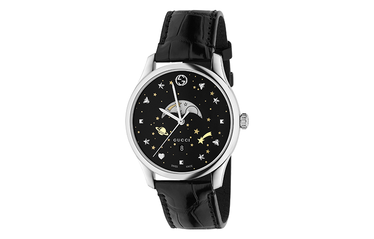 

Часы мужские GUCCI G Timeless Collection с кварцевым механизмом, черным циферблатом и ремешком из кожи крокодила